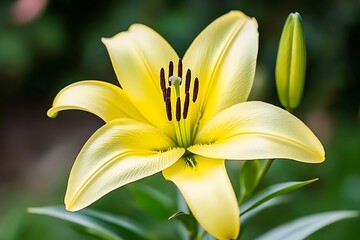 Beautiful Yellow Lily Flower Blooming in Garden Close-Up View