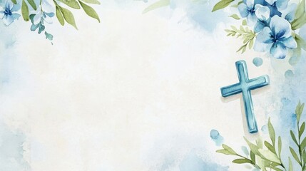 Elegant first communion invitation design with blue watercolor accents. Copy space illustration