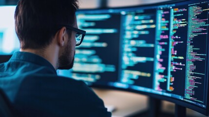 Data scientist analyzing information technology trends in a modern office environment with visualizations