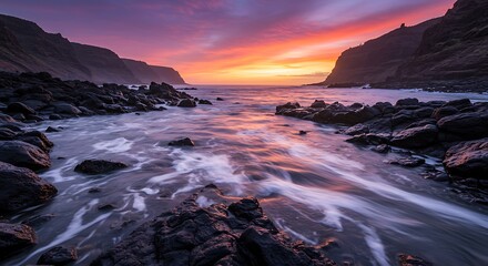 Serene Coastal Sunset: Purple & Orange Hues AI Generated