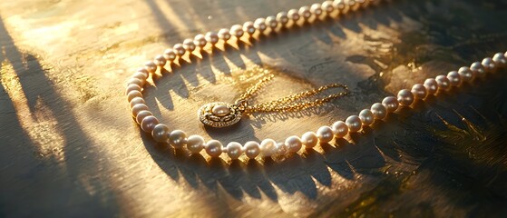 Fototapeta premium Elegant Pearl Necklace with Pendant on Reflective Surface at Sunset