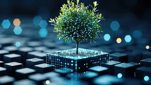Futuristic tree growing from a digital platform