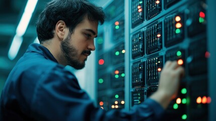 Network administrator managing information technology servers in data center environment close-up view