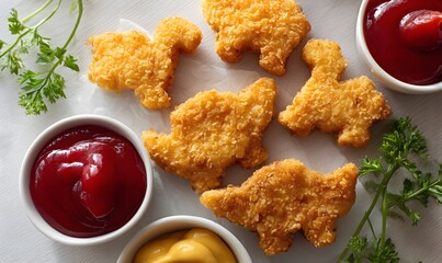 Obraz premium dinosaur shaped chicken nuggets with ketchup and mustard, Generative AI