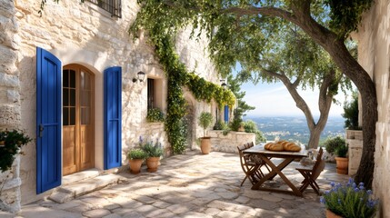 Fototapeta premium Mediterranean country house with blue shutters and outdoor dining table enjoying panoramic view
