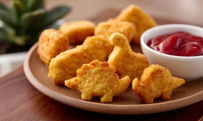 Fototapeta premium dinosaur shaped chicken nuggets with ketchup and mustard, Generative AI