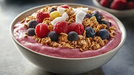 A colorful smoothie bowl topped with granola, coconut flakes, and berries. Featuring health and energy