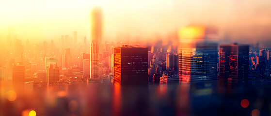 Urban skyline at sunset with soft focus and vibrant colors