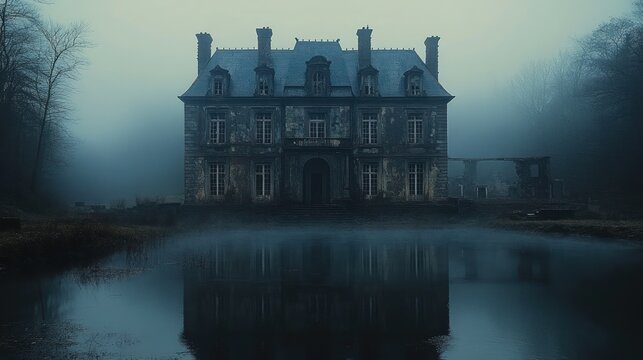Abandoned chateau reflected in pond on foggy morning, forest backdrop, potential film set