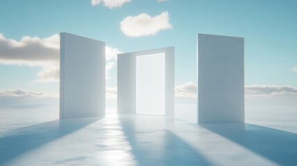 Open doors to the sky, clouds, sunlit path