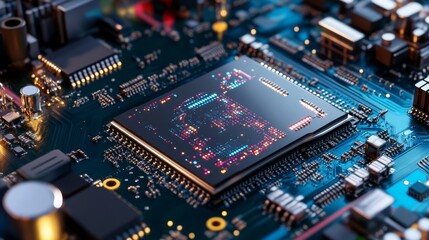 Obraz premium Close-up intricate computer circuit board, with vibrant, glowing components. Technical and detailed view