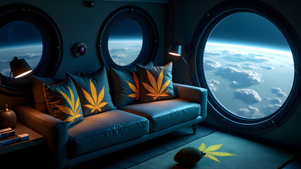 Anti-gravity sofa with glowing cannabis leaf embroidery in a futuristic orbital living module.