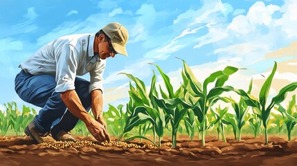 A dedicated farmer planting maize seeds in a field under a clear sky, cultivating growth for a bountiful harvest ahead