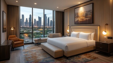Luxurious hotel suite with city view, comfortable seating, and modern art