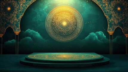 Nowruz product display background podium, Celestial Persian Elegance, intricate Persian calligraphy golden astrological symbols, Zoroastrian, cosmic significance of Nowruz, ad, podium platform illust