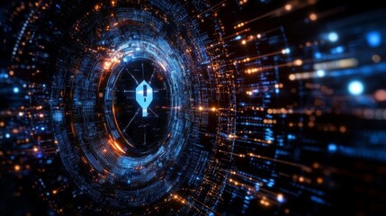 Cyber Security Abstract blue and orange digital network with an exclamation point at the center, signaling a potential security breach