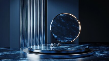 Mockup podium for product presentation, blue abstract geometry 3d render, 3d illustration illustration