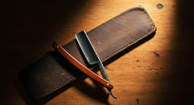 Vintage Straight Razor on Leather Strop Resting on Wooden Surface