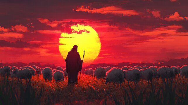A bible jesus shepherd with his flock of sheep during sunset. Generative AI illustration
