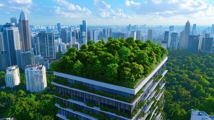 Obraz premium A modern skyscraper featuring a lush green rooftop garden, surrounded by a vibrant city skyline under a bright blue sky.
