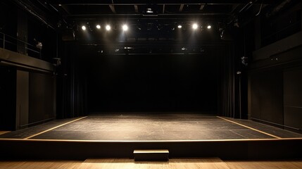 A contemporary black box stage with plain black walls, minimalist design, and bright overhead lighting illuminating the space. illustration