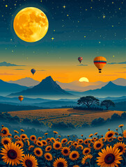 a landscape with sunflowers and hot air balloons in the sky