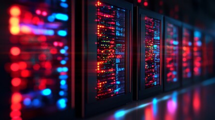 Data servers glow, pulsing with light. Lines of racks create depth