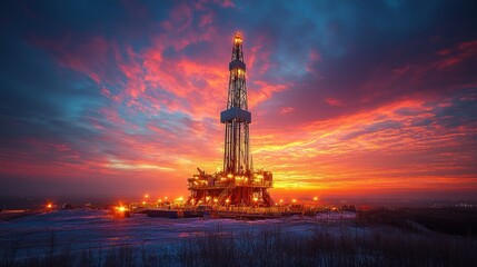Oil Rig Sunset: A Majestic Silhouette Against Fiery Skies