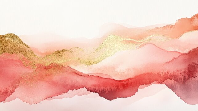 Abstract Arrangements. Landscapes, mountains. Posters. Terracotta, blush, pink, ivory, beige watercolor Illustration and gold elements, on white background. Modern print set. Wall art. Business card.