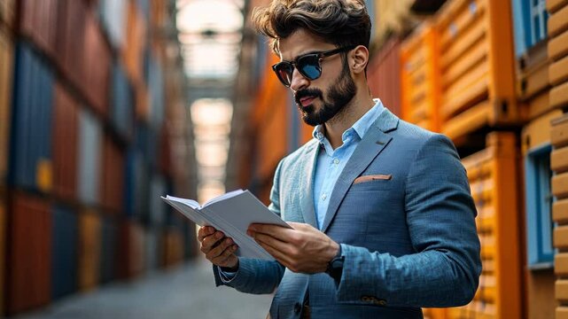An handsome man standing at a cargo area, wearing sunglasses and a suit, reads notes in his notepad.