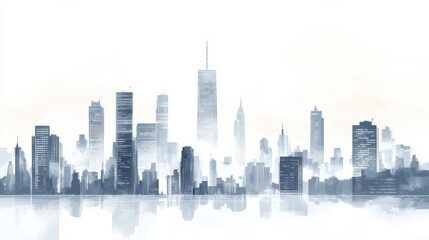 Obraz premium White background, city skyline, vector illustration style, simple lines, high-end aesthetic, light gray and white color scheme, urban architecture illustration