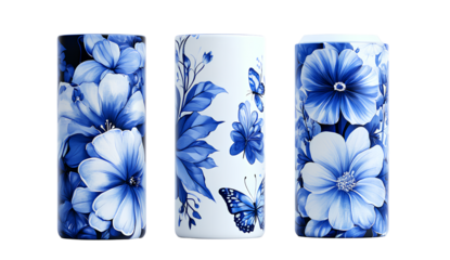  Three different designs of blue and white flowers with butterflies on the side of a skinny tumbler  on a transparent background png 