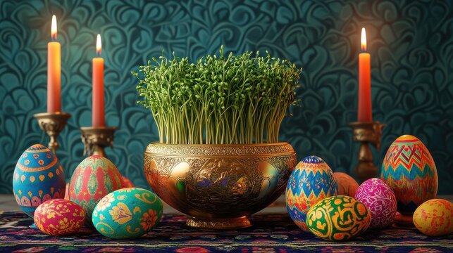 a traditional display of sabzeh sprouts grown in a gilded pot, surrounded by colourful Nowruz decorations such as painted eggs and candles illustration