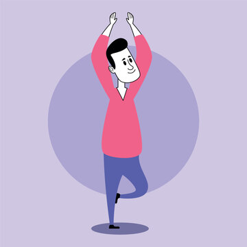 Young man standing on one leg, arms raised in fitness yoga pose. Man demonstrating balance and focus in colorful, minimalistic background during workout session