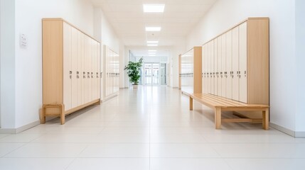 Empty school hallway with rows of wooden lockers on both sides, modern and clean design, natural light streaming in from windows, and educational concept.