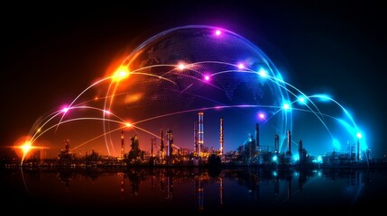 Futuristic cityscape. Lines connect buildings in vibrant orange and blue. Water reflects the skyline