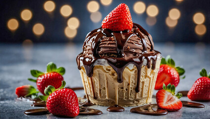 Ice cream topped with chocolate drizzle and strawberries, illuminated by lights.