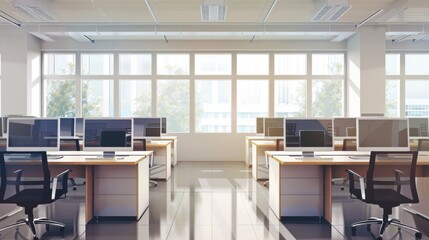 Empty workplace with office desks and desktop computers, no people, in an open space interior.

