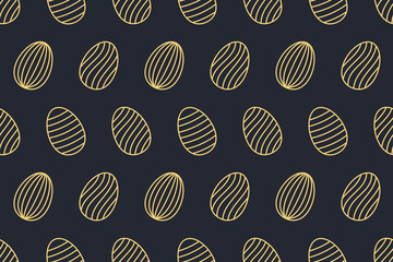 Minimal seamless Easter pattern with golden outline eggs on dark background. Elegant festive design for wrapping paper, textiles, spring decor, greeting cards, and modern holiday themes