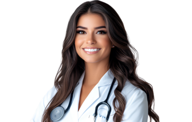 A beautiful female doctor with long brown hair, wearing a white lab coat and stethoscope, smiling at the camera on a transparent background