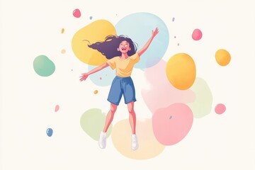 Happy young woman jumping with joy illustration