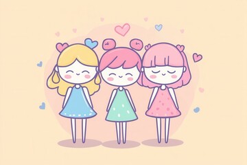 Three cute girls, kawaii style, illustration on a light background