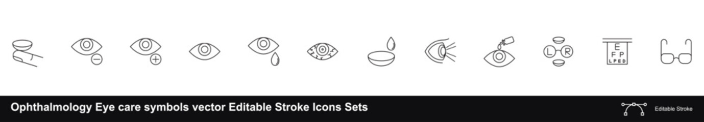 Ophthalmology Eye care symbols vector Editable Stroke Icons Sets