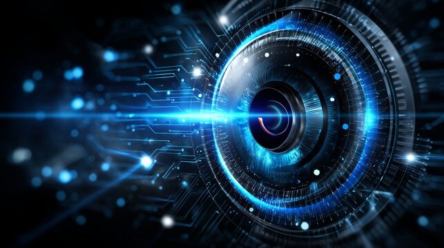 Futuristic eye with glowing blue circuits and light trails, conveying technological advancements