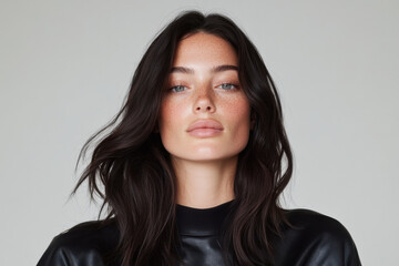Fototapeta premium Fashion model posing with freckles and long dark hair