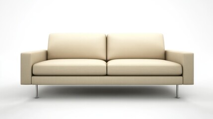 Fototapeta premium A neutral beige sofa with a minimalist design and thin metal legs, placed against a crisp white backdrop.