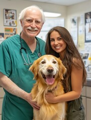 Happy Golden Retriever at Vet with Owner and Smiling Doctor Portrait