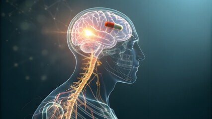 Fototapeta premium 3D-rendered glowing nerve system inside a semi-transparent human body, with a holographic pill entering the brain—symbolizing advanced neural treatments.
