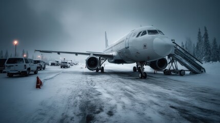 Parked airplane in snowy winter landscape remote runway high fidelity image