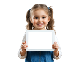 Happy little girl holding a tablet with blank screen, isolated on transparent background